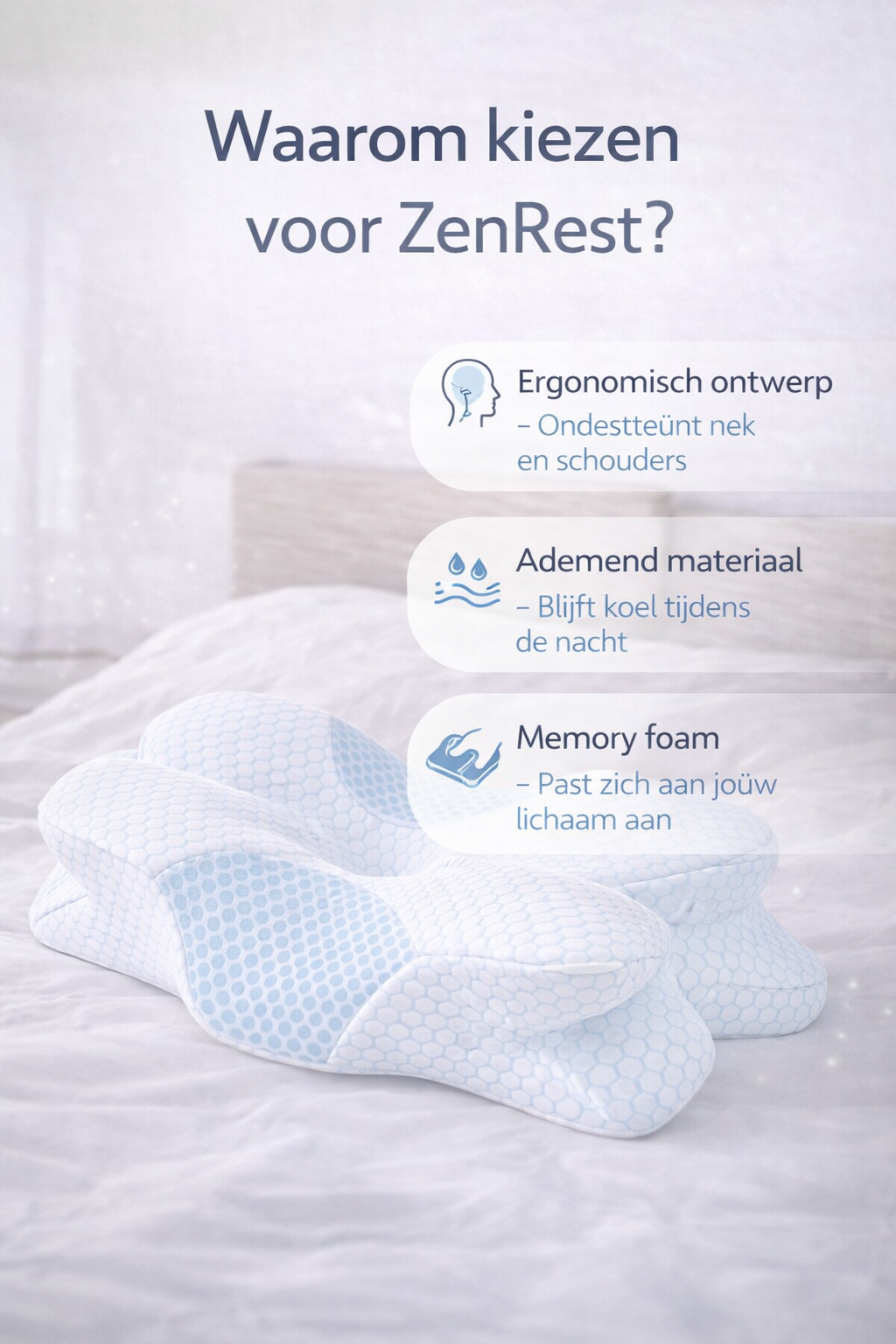 ZenRest Oreiller Vlinder Classic — Mousse à Mémoire Ergonomique pour Dormeurs sur le Côté et sur le Dos